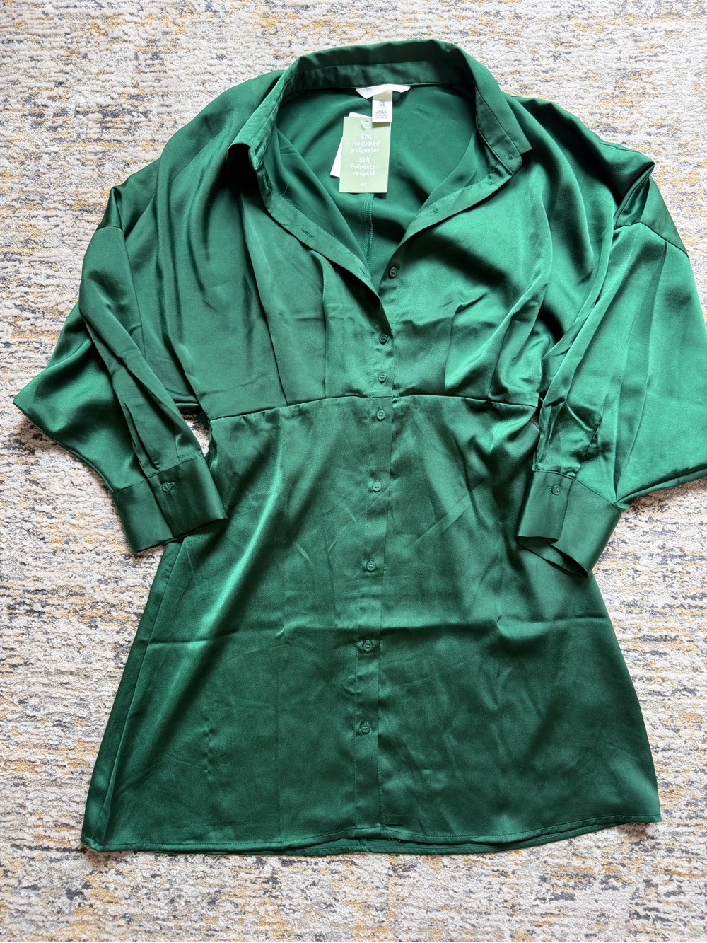 NWT H&M Emerald Green Satin Button-Down Shirt Dress